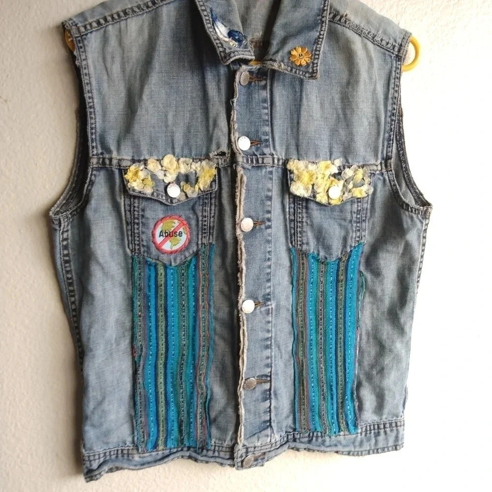 Armani Exchange UPCYCLED Distressed Washed Denim Vest-Jean vest-Unique-Patched - Picture 2 of 16
